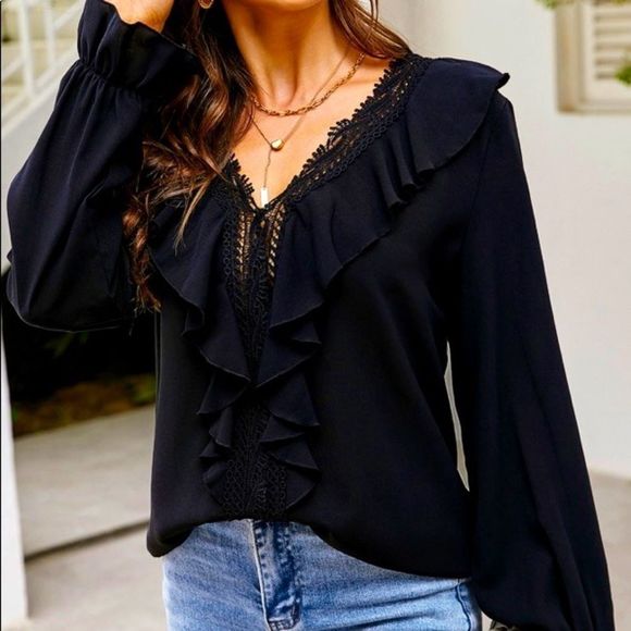 NWT! FLOUNCE SLEEVE RUFFLE TRIM GUIPURE LACE BLOUSE IN BLACK! - Picture 5 of 10